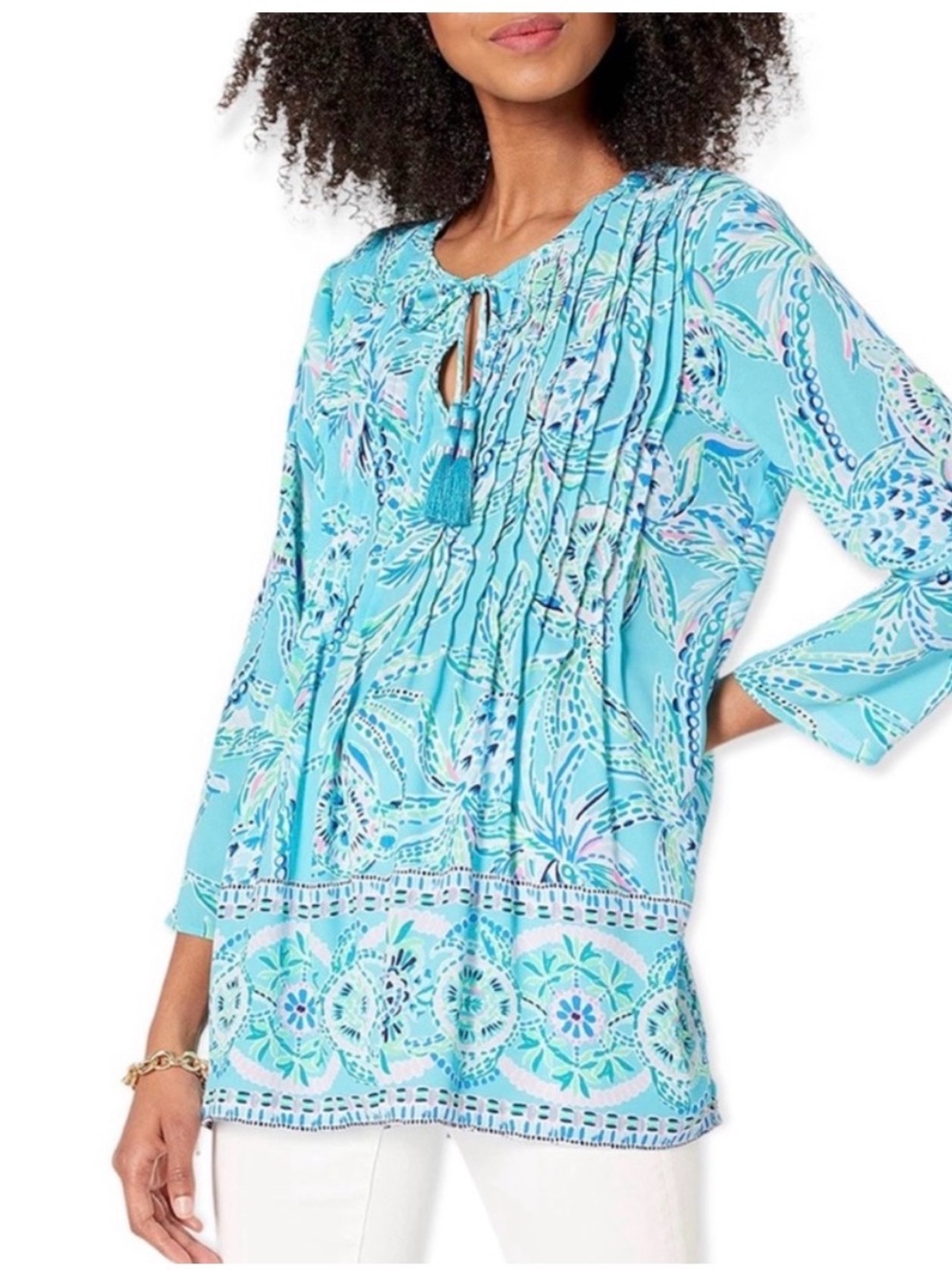 Lilly Pulitzer Turquoise Floral Pintuck Tunic with Tassel